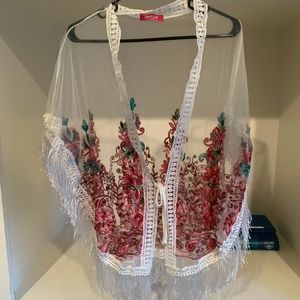 Fringe Sheer Embroidered Cover Up Poncho